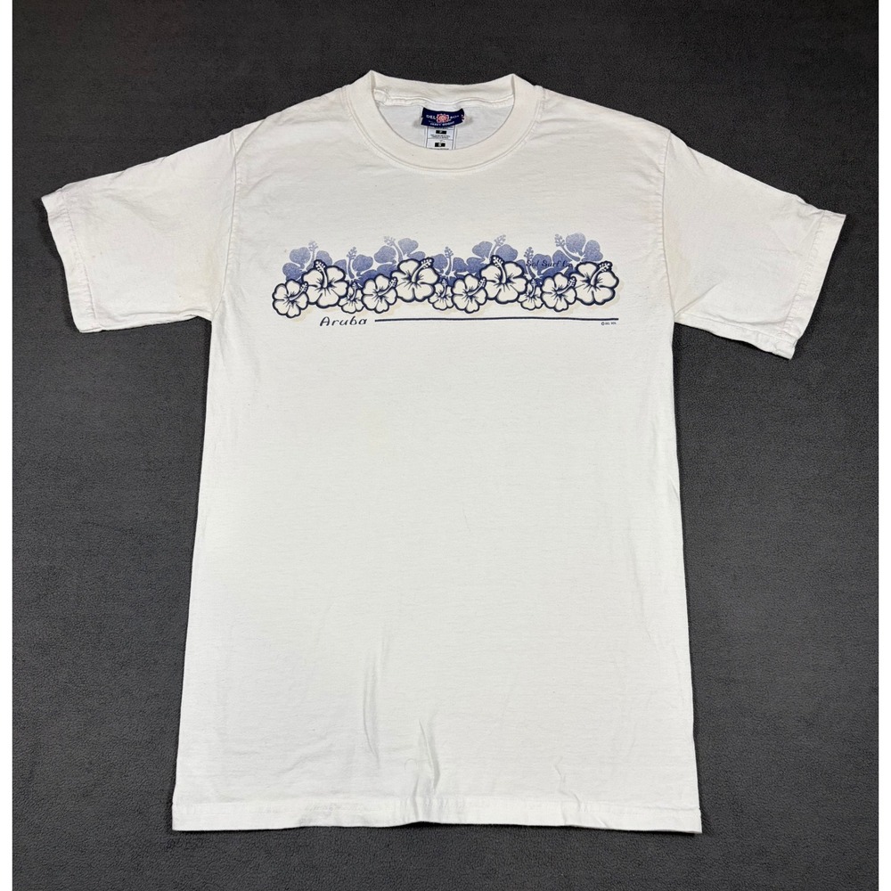 Del Sol T Shirt Mens Small White Aruba Hibiscus Floral Graphic Heavy Weight